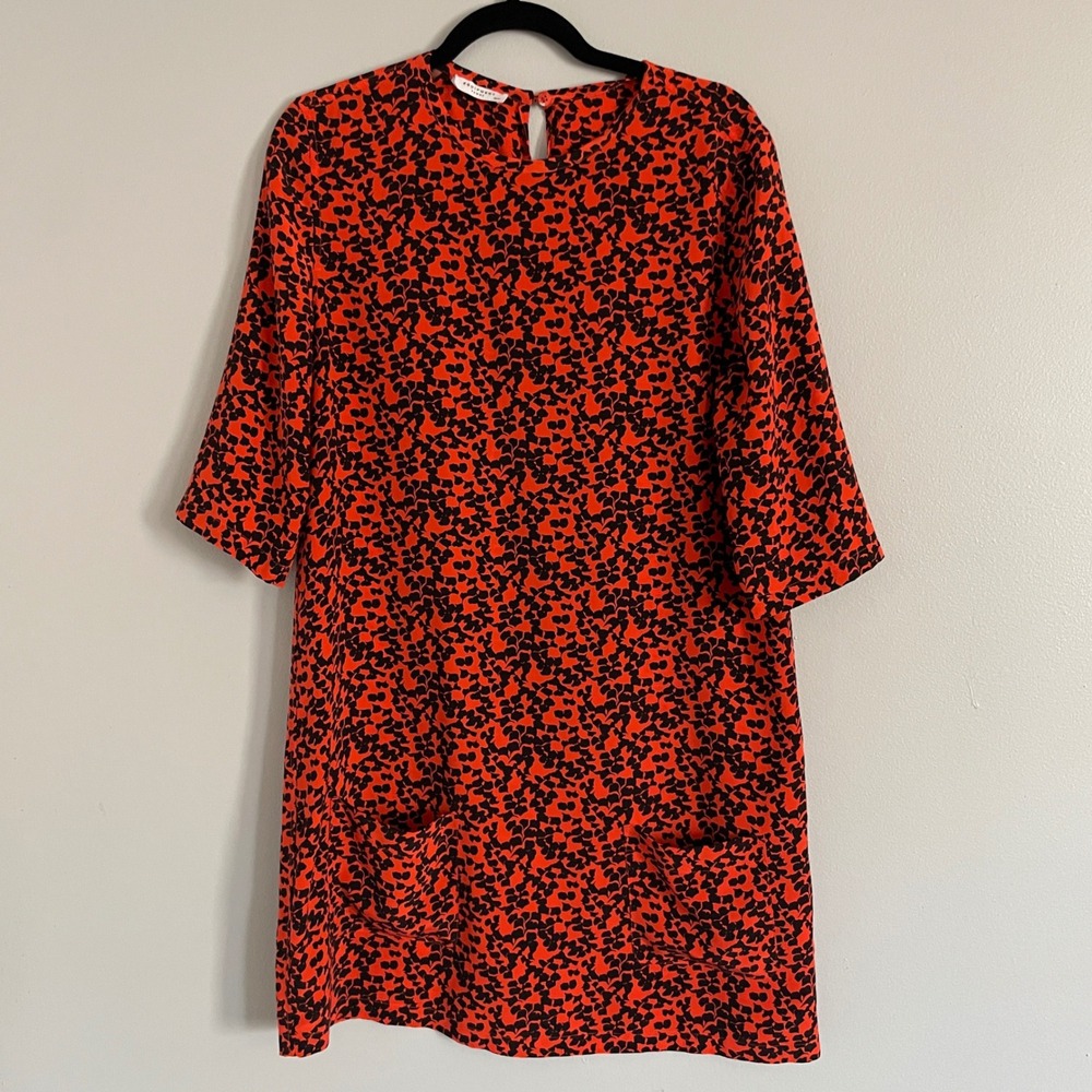 Equipment‎ Red Black Floral Silk Shift Dress Pockets Medium Old Money Keyhole
